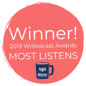 Image shows award sticker for Silvia Acevedo for winning the 2019 Writescast Podcast Most Listens award
