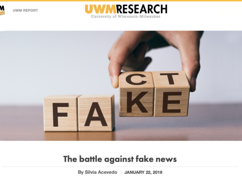 This is the banner image to an article entitled "The battle against fake news", written by Silvia Acevedo and published January 22, 2019, in UWM Research magazine.