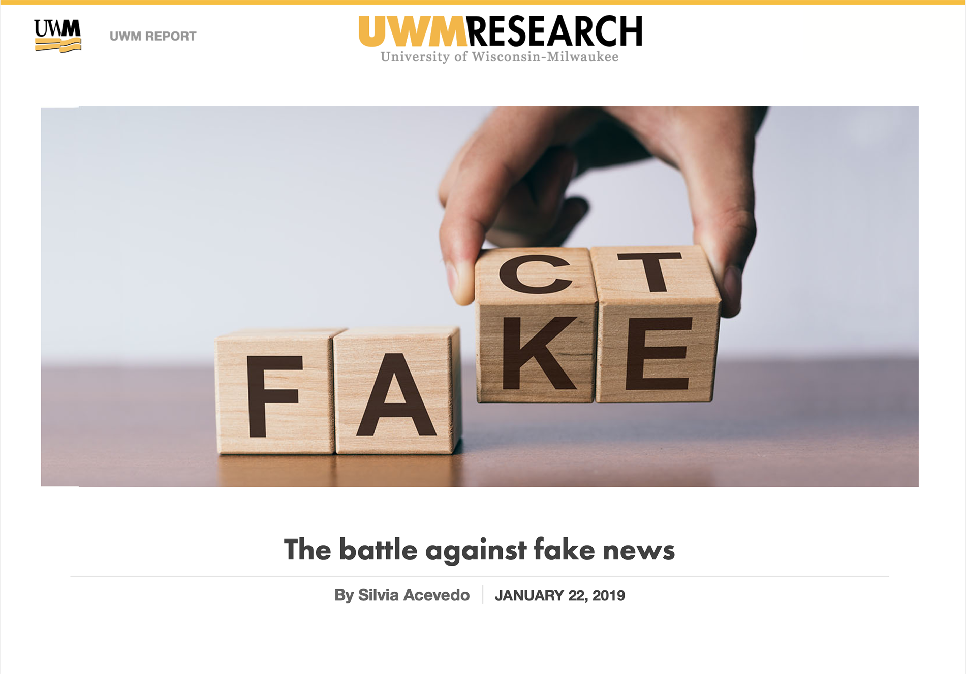 This is the banner image to an article entitled "The battle against fake news", written by Silvia Acevedo and published January 22, 2019, in UWM Research magazine.