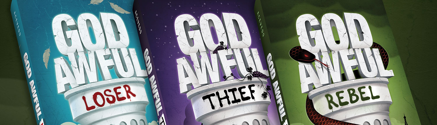 Image shows the God Awful trilogy of books by Silvia Acevedo. Titles include God Awful Loser, God Awful Thief, and God Awful Rebel, winner of the SCBWI Spark Award.