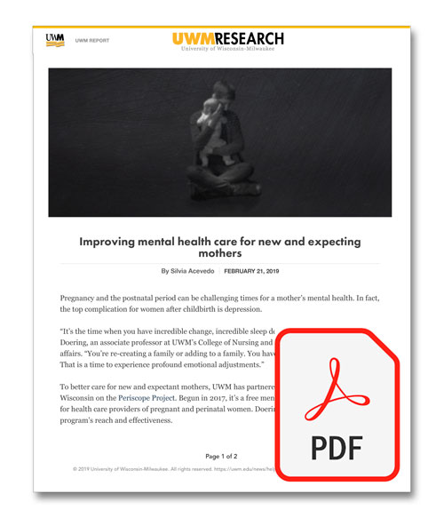 Image is PDF link for copy of article entitled "Improving mental health care for new and expecting mothers" published February 21, 2019, in UWM Research magazine