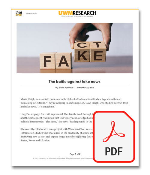 This is a PDF thumbnail linking to an article entitled "The battle against fake news", written by Silvia Acevedo and published January 22, 2019, in UWM Research magazine.