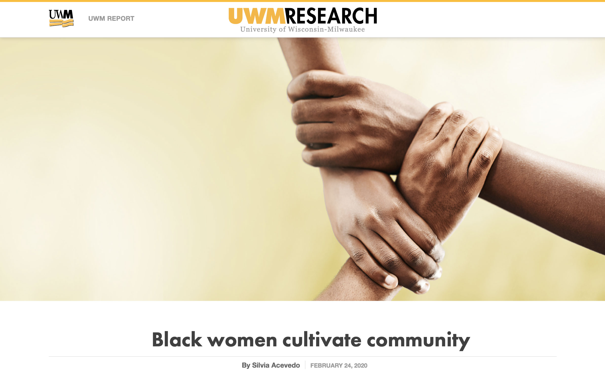 This is the feature image to an article entitled "Black women cultivate community", written by Silvia Acevedo and published February 22, 2020, in UWM Research magazine.