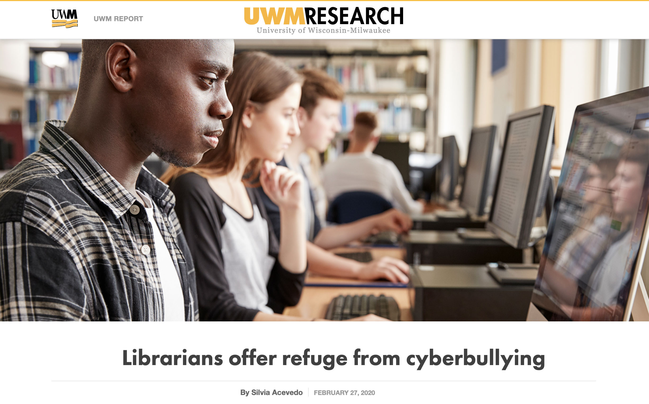 This is the feature image to an article entitled “Librarians offer refuge from cyberbullying,” written by Silvia Acevedo and published in UWM Research magazine.