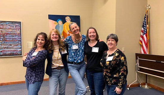 Left to right: Silvia Acevedo, Kerry Hansen, Deb Buschman, Scrivener presenter Erica Dinka, and Becki Kidd, at Pewaukee Public Library.