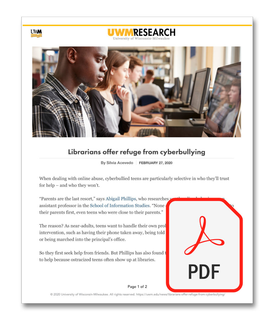 This is a PDF image link to an article entitled “Librarians offer refuge from cyberbullying,” written by Silvia Acevedo and published in UWM Research magazine.