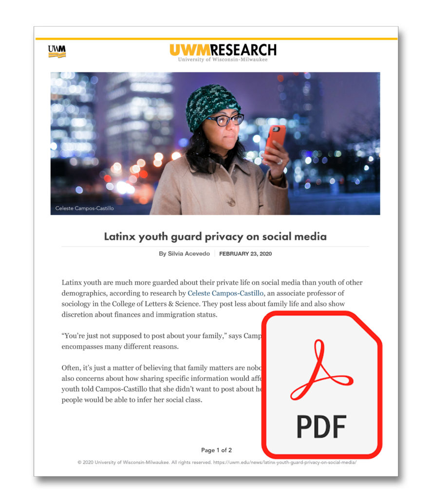 PDF of UWM Research magazine article titled "Latinx youth guard privacy on social media."