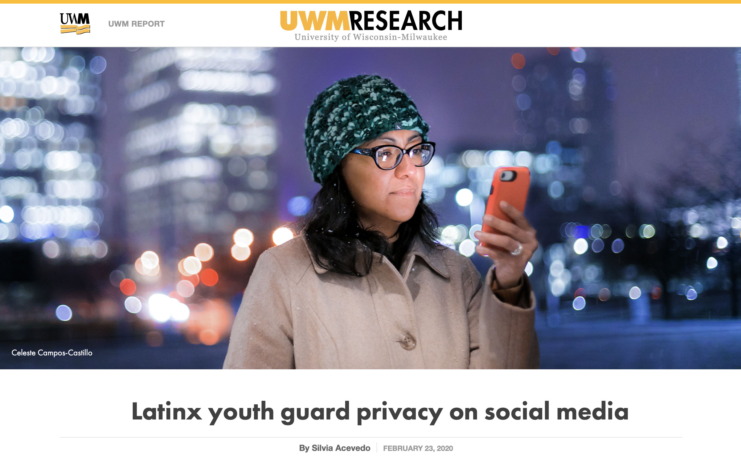 Image shows article by Silvia Acevedo for UWM Research magazine on Latix youth behaviors online