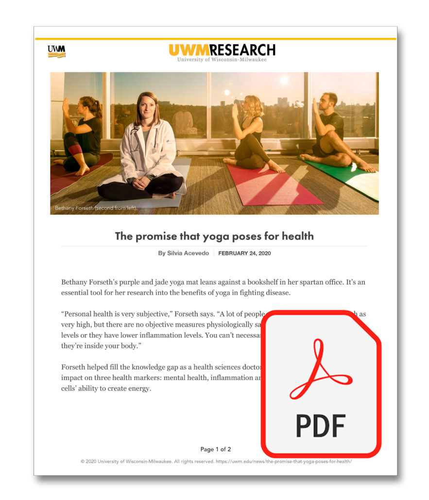 Image shows four people on yoga mats, one being the doctoral student studying yoga's effects on health. Image shows a PDF of a UWM Research magazine article entitled "The promise the yoga poses for health" written by Silvia Acevedo