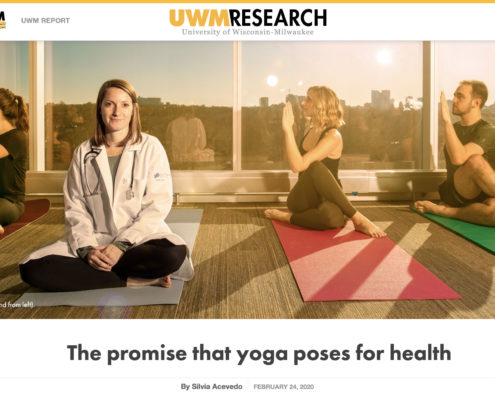Image shows four people on yoga mats, one being the doctoral student studying yoga's effects on health. Image accompanies UWM Research magazine article entitled "The promise the yoga poses for health" written by Silvia Acevedo