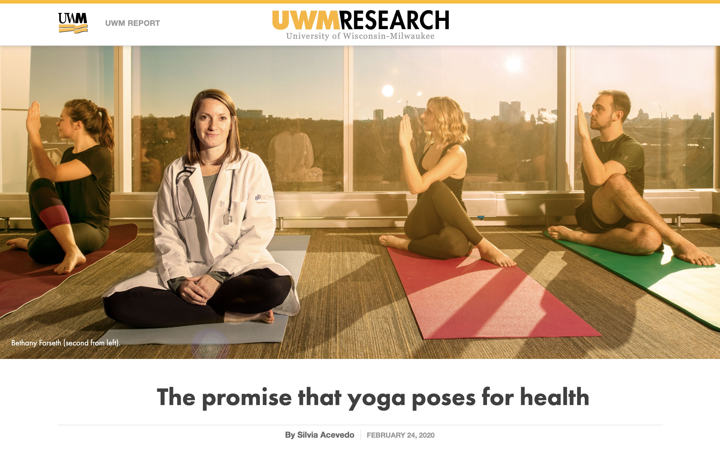 Image shows four people on yoga mats, one being the doctoral student studying yoga's effects on health. Image accompanies UWM Research magazine article entitled "The promise the yoga poses for health" written by Silvia Acevedo