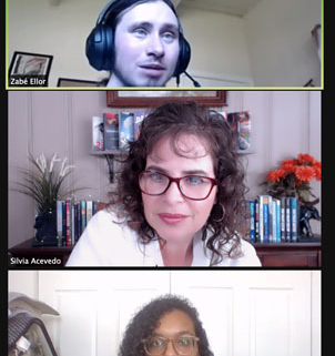 Photo shows co-host and speakers of SCBWI-Wisconsin's Spring Studio virtual conference. Shown are author and literary agent Zabé Ellor, host Silvia Acevedo, and editor Tiffany Shelton.