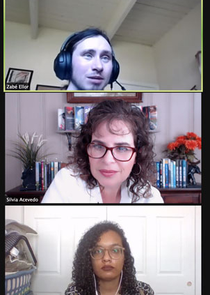 Photo shows co-host and speakers of SCBWI-Wisconsin's Spring Studio virtual conference. Shown are author and literary agent Zabé Ellor, host Silvia Acevedo, and editor Tiffany Shelton.