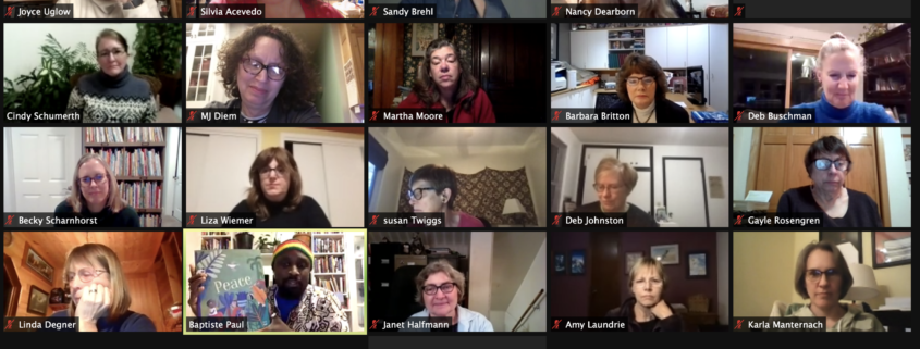 Photo shows a computer screen with 21 participants during the SCBWI-WI PAL New Release Meetup of February 24, 2021