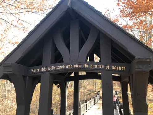 Sign at the entrance to South Milwaukee's Seven Bridges, which reads, "Enter this wild wood and view the haunts of nature"