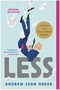Cover of the book Less by Andrew Sean Greer. Shows an animated white man in a blue suit falling through the blue air, with typed pages falling as well. The title is in grey, and the author name is blue, matching the falling man’s suit.