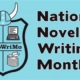 Logo for NaNoWriMo, showing an aqua blue with a shield showing writing utensils, topped with Viking horns, beside the words "National Novel Writing Month"