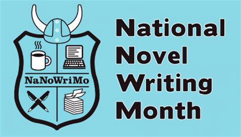 Logo for NaNoWriMo, showing an aqua blue with a shield showing writing utensils, topped with Viking horns, beside the words "National Novel Writing Month"