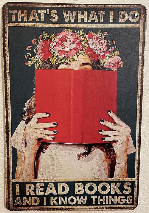 Picture of poster showing a girl holding a red book in front of her face. The poster reads, "That's what I do. I read books and I know things."