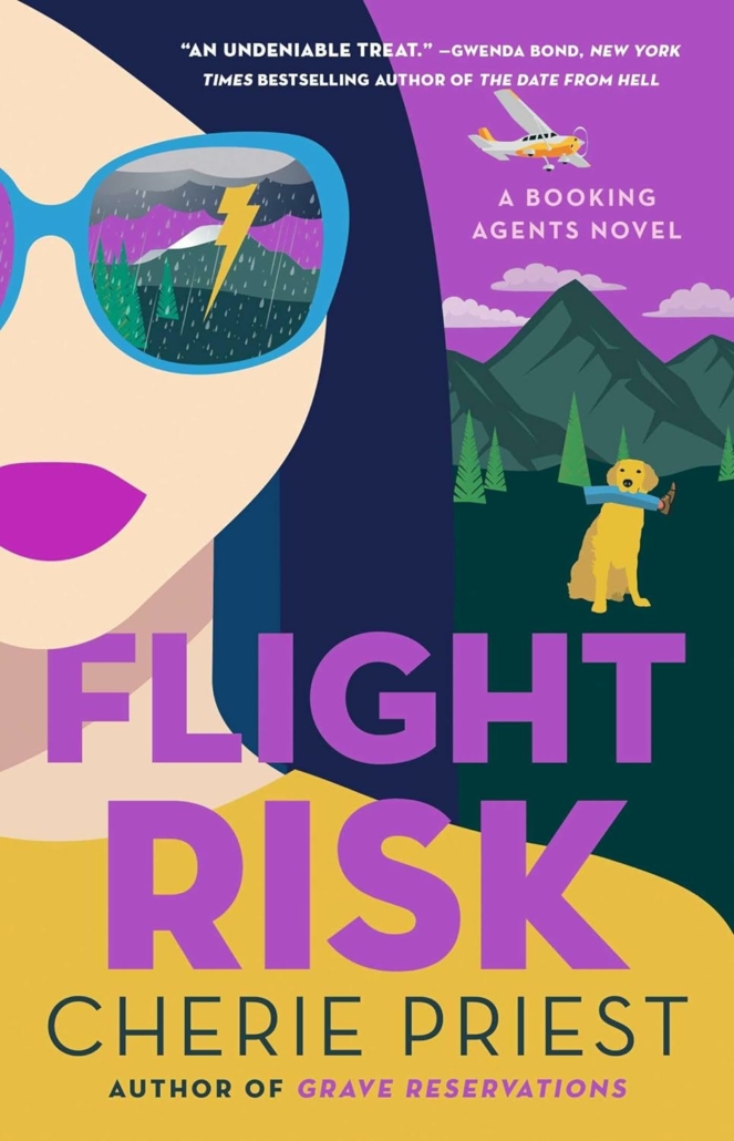 Image shows graphic image book cover of FLIGHT RISK. Purple sky, green mountains, white girl with purple lips, wearing sunglasses reflecting part of the crime scene. Title in purple text.