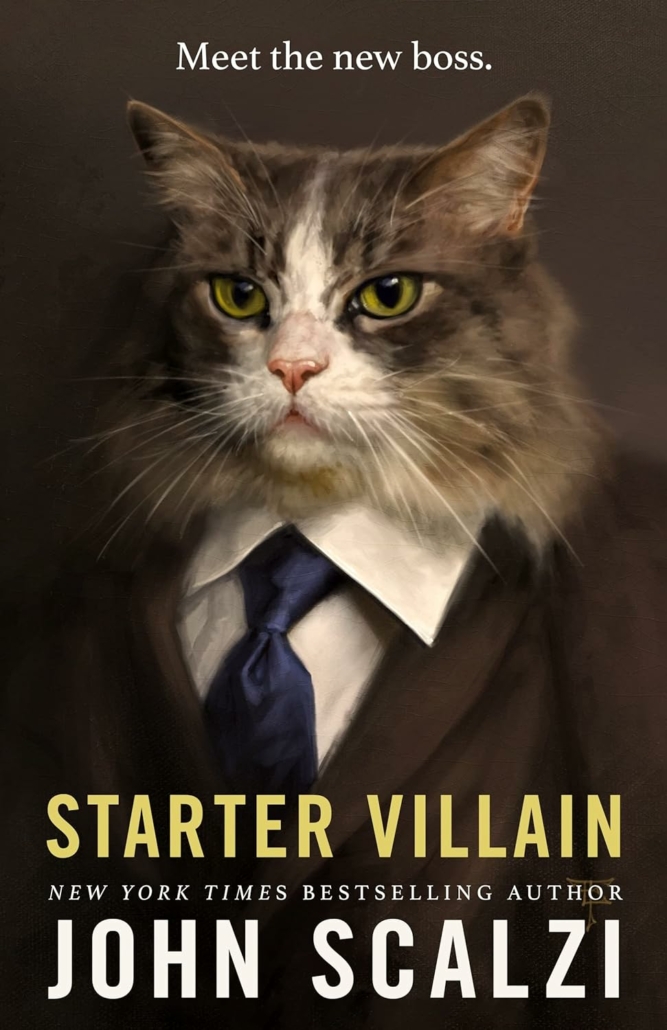 Image shows book cover -- a cat from the shoulders up, it wearing a business suit, against a black background, the book title in yellow typeface.